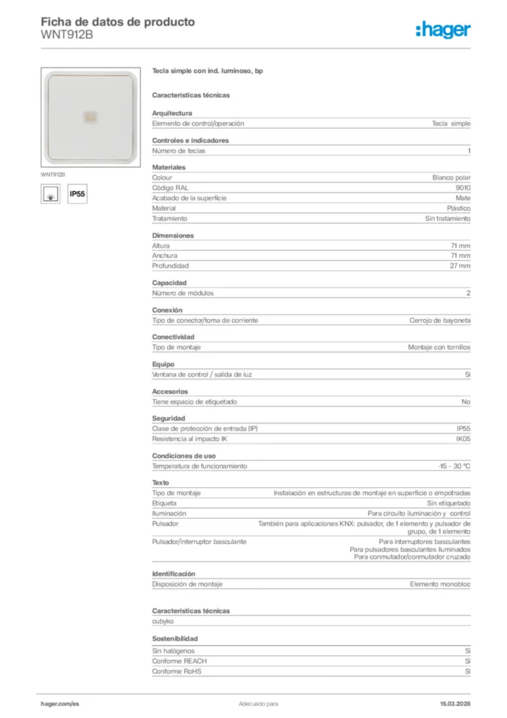 Imagen Hager Ficha de datos de producto WNT912B | Hager España