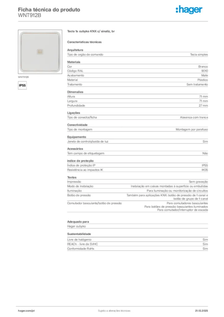 Imagem Hager Ficha técnica do produto WNT912B | Hager Portugal