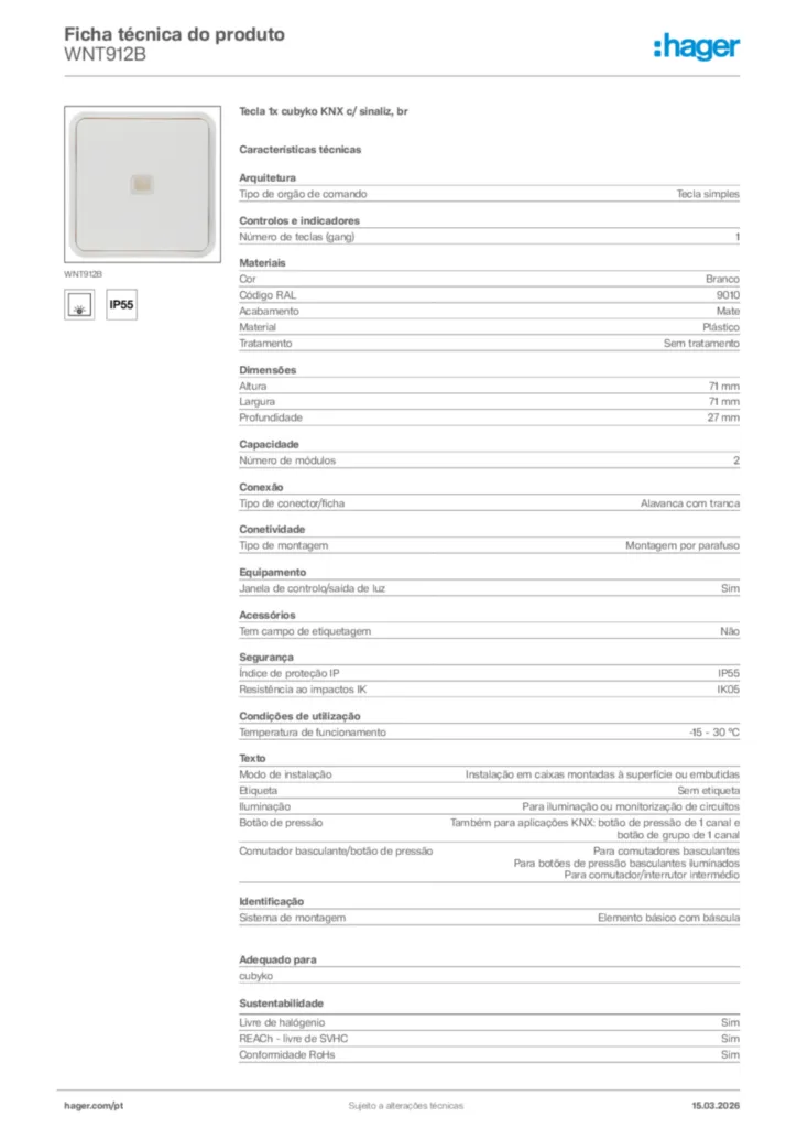 Imagem Hager Ficha técnica do produto WNT912B | Hager Portugal