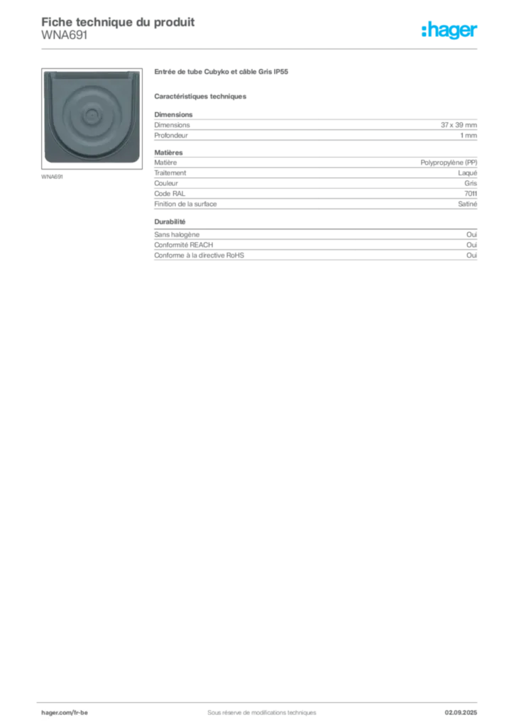 Image Hager Fiche technique du produit WNA691 | Hager Belgique