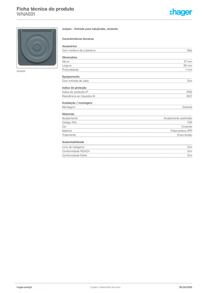 Imagem Hager Ficha técnica do produto WNA691 | Hager Portugal