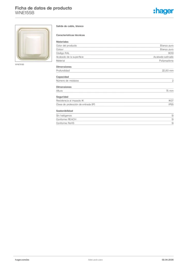 Imagen Hager Ficha de datos de producto WNE155B | Hager España