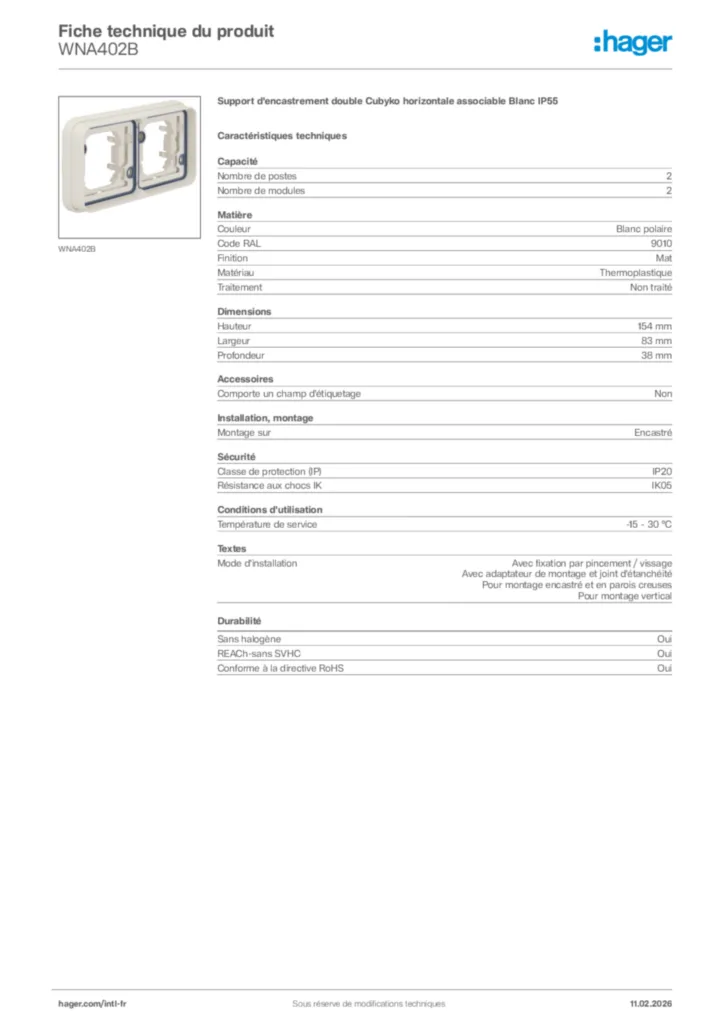 Image Hager Fiche technique du produit WNA402B | Hager Afrique
