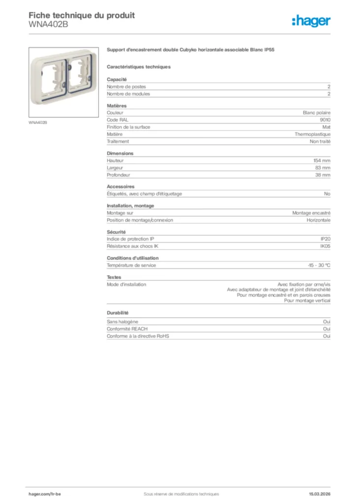 Image Hager Fiche technique du produit WNA402B | Hager Belgique