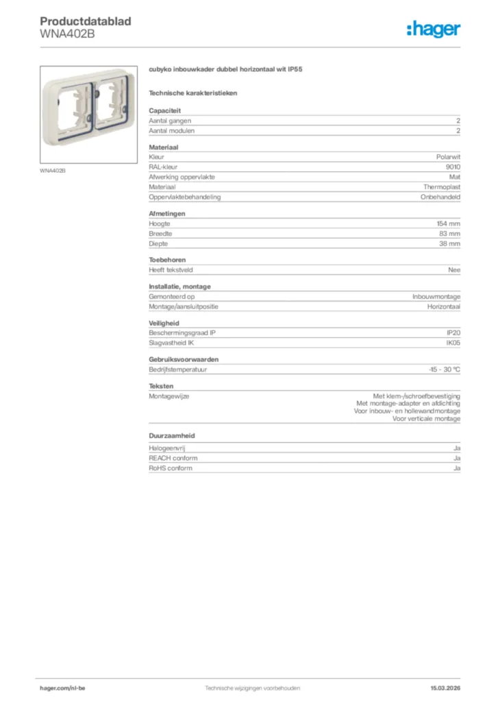 Afbeelding Hager Productdatablad WNA402B | Hager Belgium