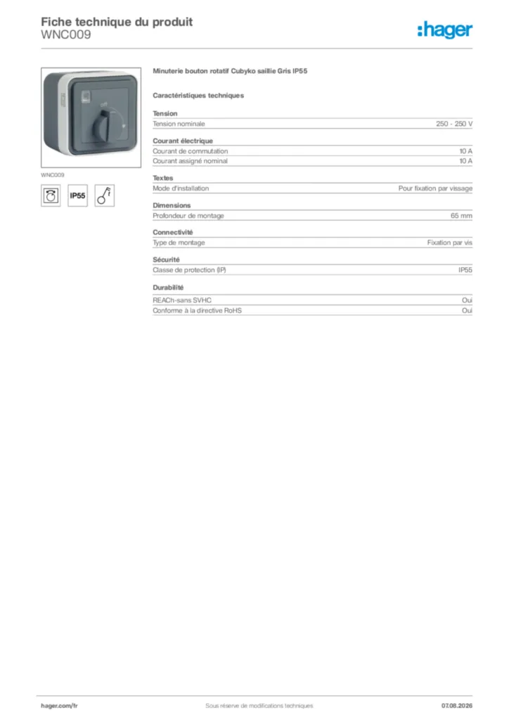 Image Hager Fiche technique du produit WNC009 | Hager France