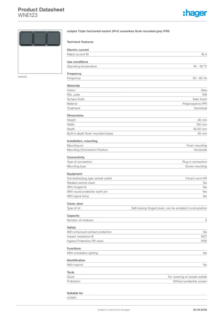 Image Hager Product data sheet WNE123  | Hager Africa
