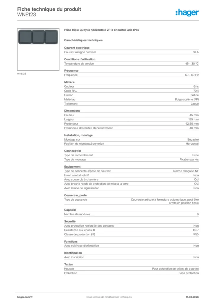 Image Hager Fiche technique du produit WNE123 | Hager France