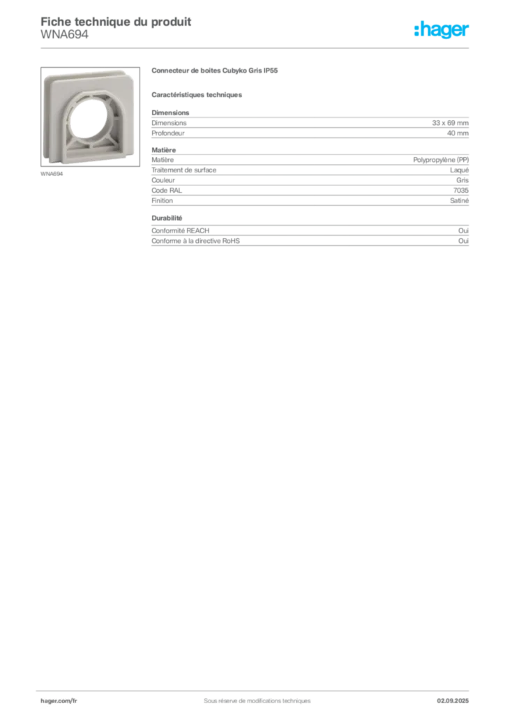 Image Hager Fiche technique du produit WNA694 | Hager France