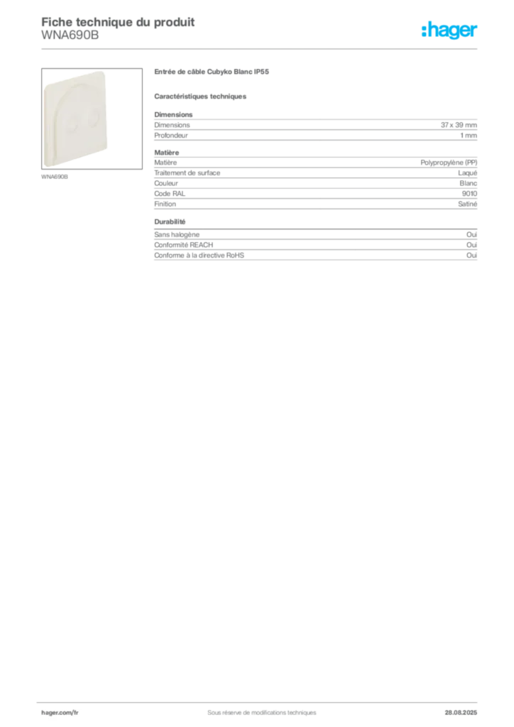Image Hager Fiche technique du produit WNA690B | Hager France