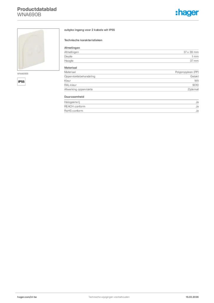 Afbeelding Hager Productdatablad WNA690B | Hager Belgium