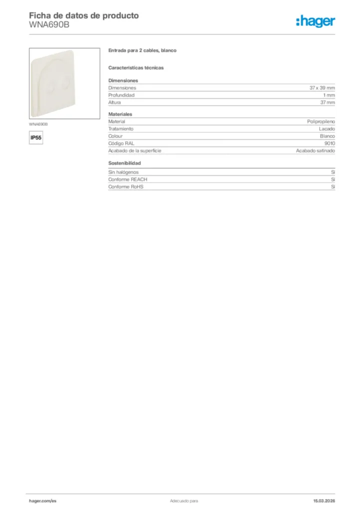 Imagen Hager Ficha de datos de producto WNA690B | Hager España
