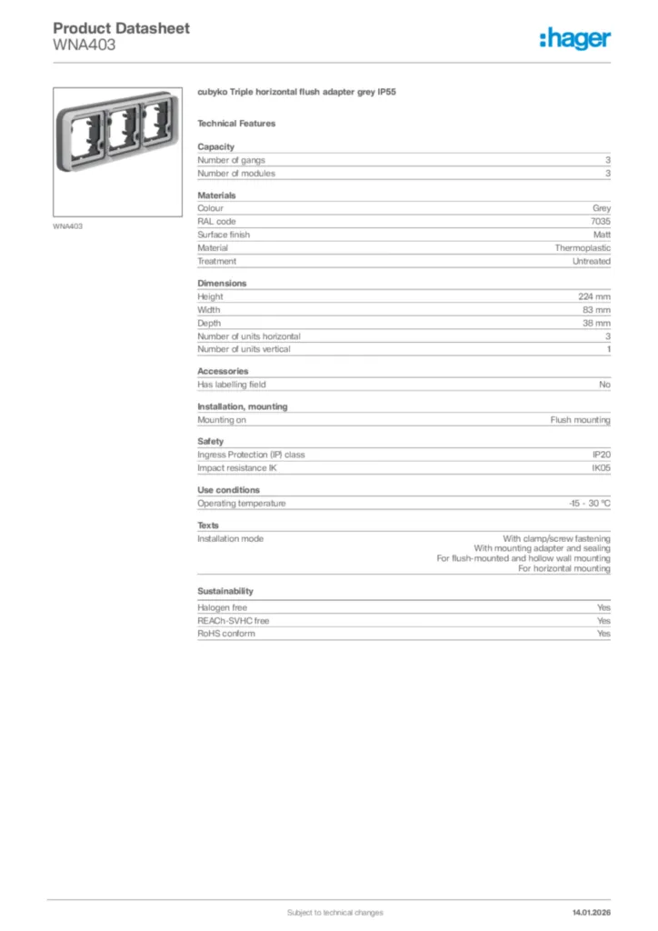Image Hager Product data sheet WNA403  | Hager Africa