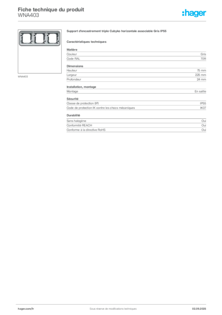 Image Hager Fiche technique du produit WNA403 | Hager France