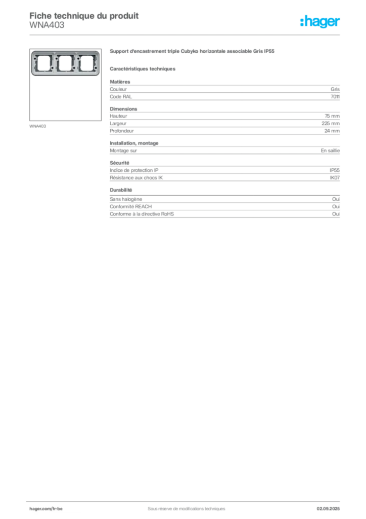 Image Hager Fiche technique du produit WNA403 | Hager Belgique