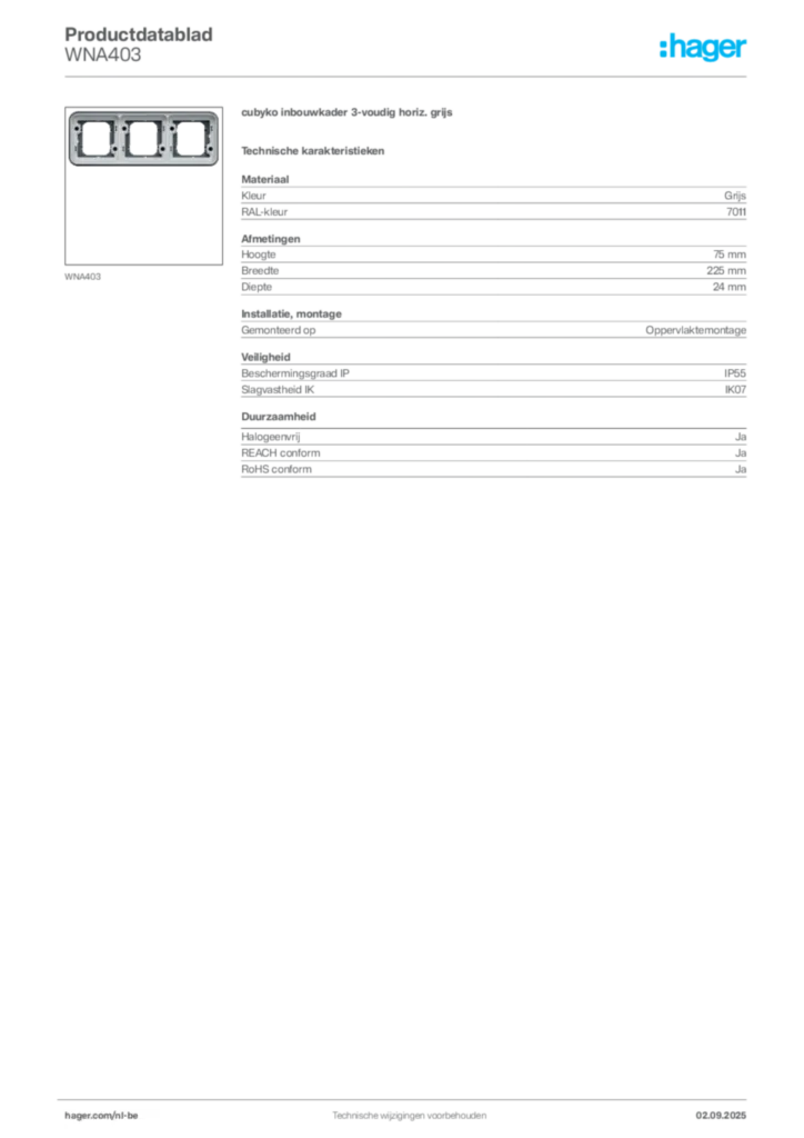 Afbeelding Hager Productdatablad WNA403 | Hager Belgium