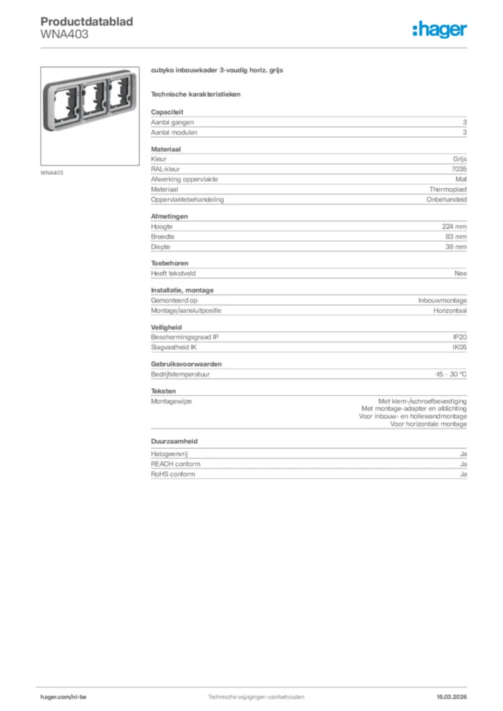 Afbeelding Hager Productdatablad WNA403 | Hager Belgium