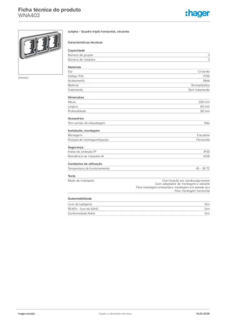 Imagem Hager Ficha técnica do produto WNA403 | Hager Portugal