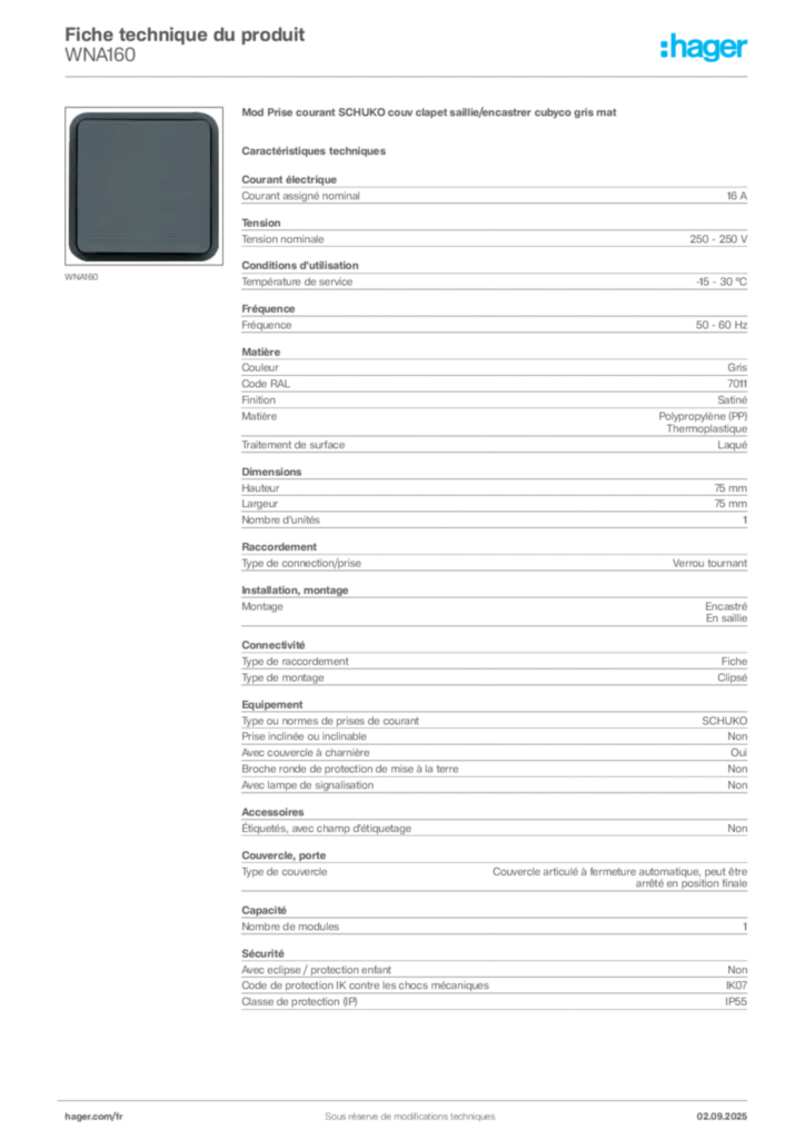 Image Hager Fiche technique du produit WNA160 | Hager France