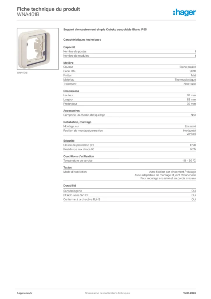 Image Hager Fiche technique du produit WNA401B | Hager France