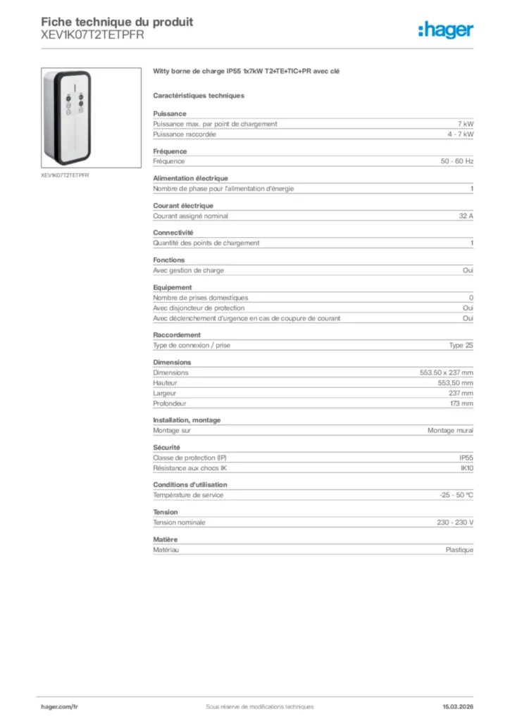 Image Hager Fiche technique du produit XEV1K07T2TETPFR | Hager France