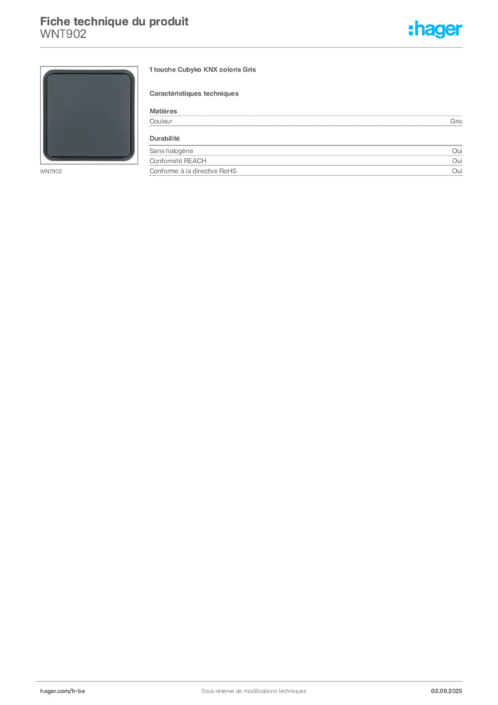 Image Hager Fiche technique du produit WNT902 | Hager Belgique