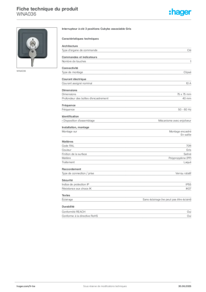 Image Hager Fiche technique du produit WNA036 | Hager Belgique