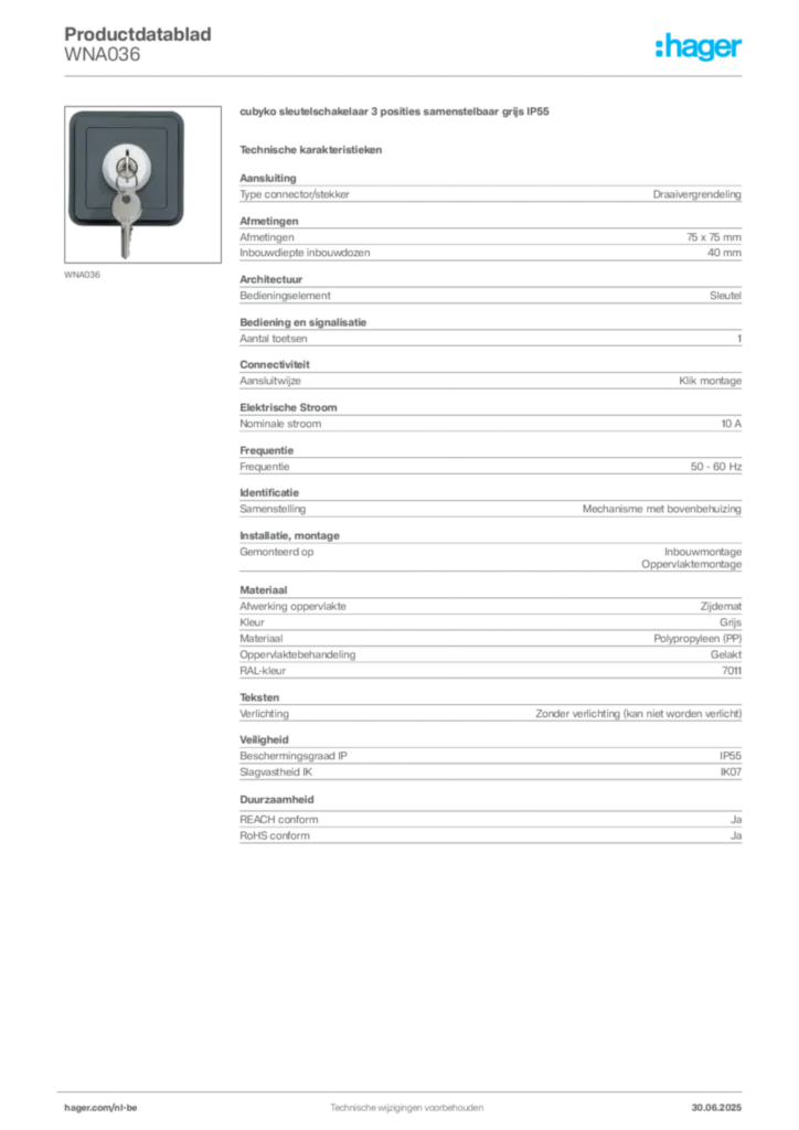 Afbeelding Hager Productdatablad WNA036 | Hager Belgium