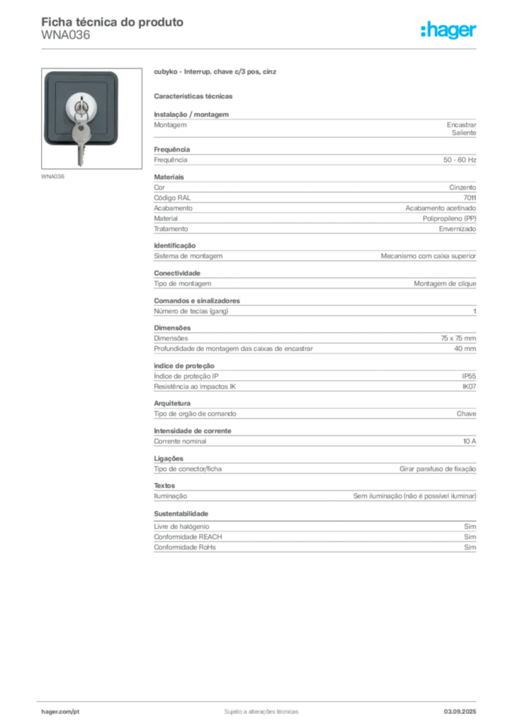 Imagem Hager Ficha técnica do produto WNA036 | Hager Portugal