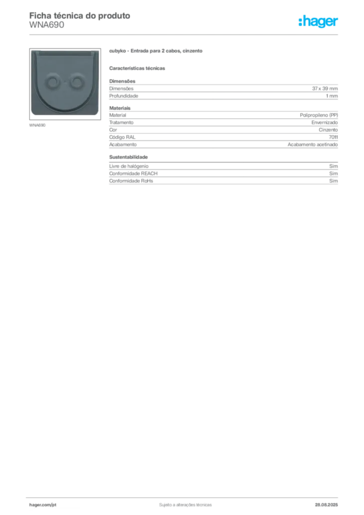 Imagem Hager Ficha técnica do produto WNA690 | Hager Portugal