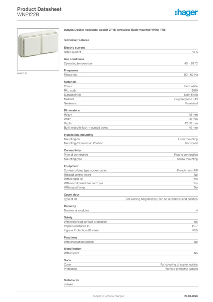 Image Hager Product data sheet WNE122B  | Hager Africa