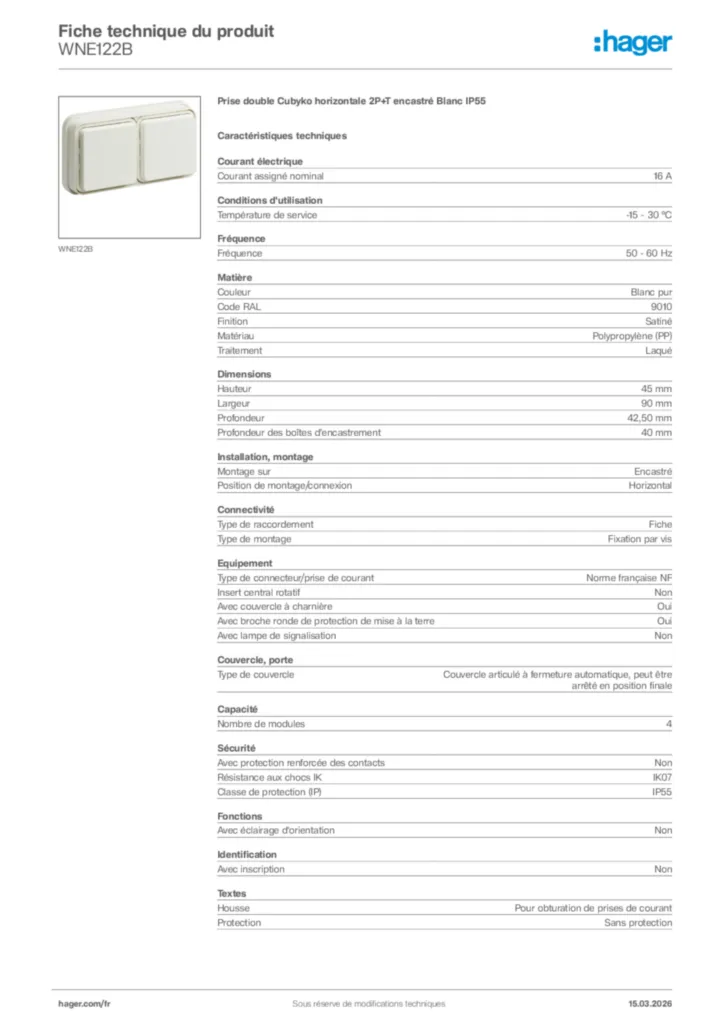 Image Hager Fiche technique du produit WNE122B | Hager France