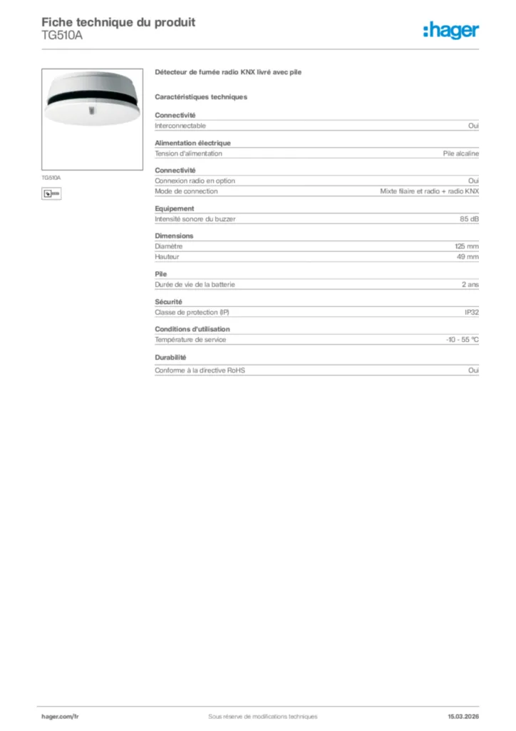 Image Hager Fiche technique du produit TG510A | Hager France
