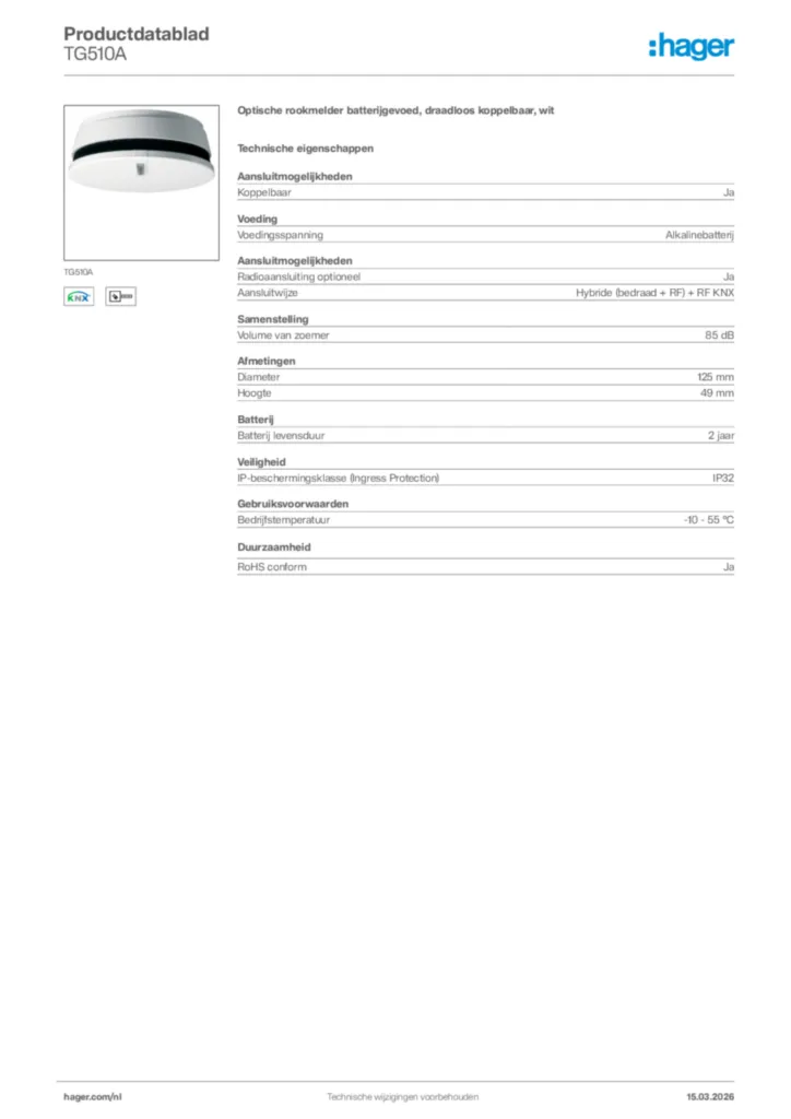 Afbeelding Hager Productdatablad TG510A | Hager Nederland