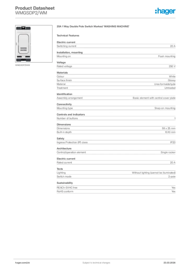Image Hager Product data sheet WMGSDP2/WM  | Hager
