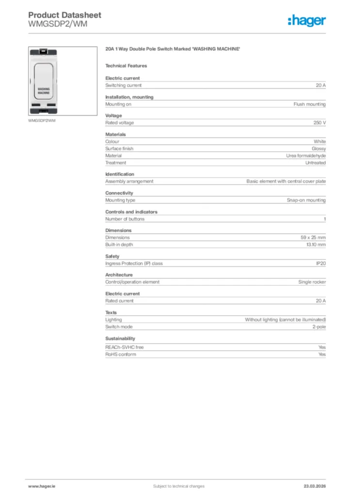 Image Hager Product data sheet WMGSDP2/WM  | Hager