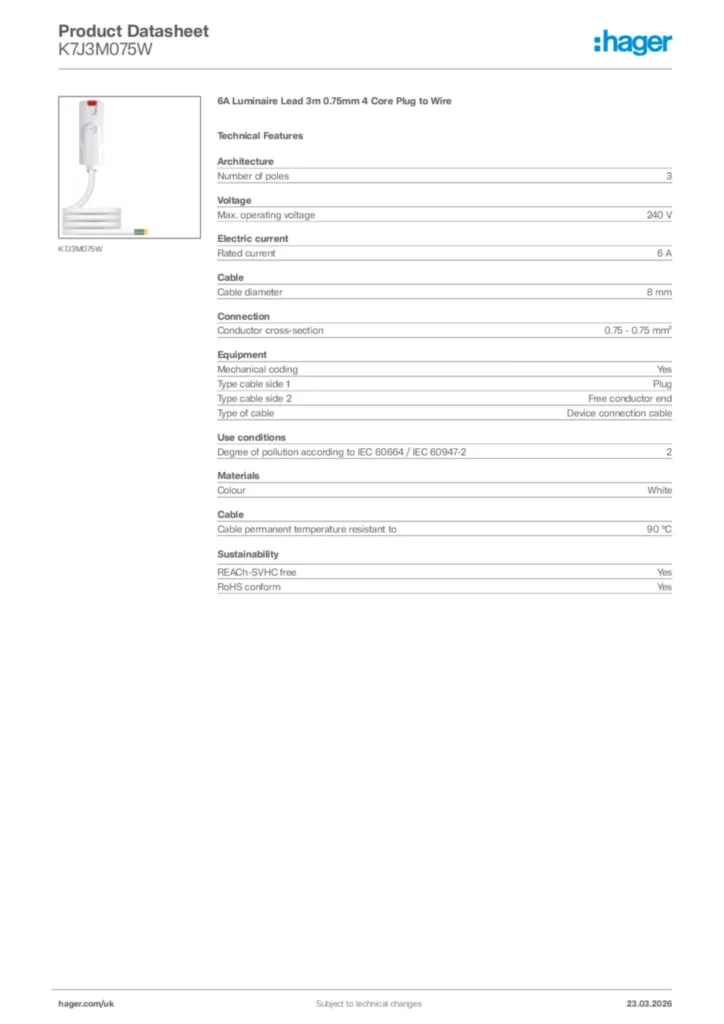 Image Hager Product data sheet K7J3M075W  | Hager