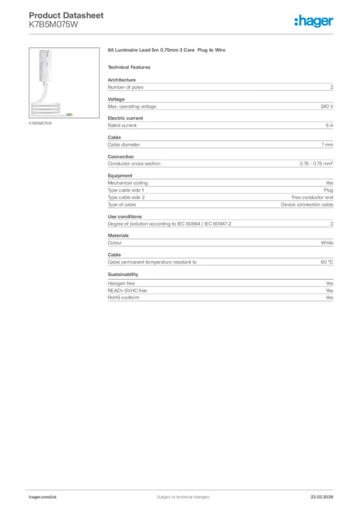 Image Hager Product data sheet K7B5M075W  | Hager
