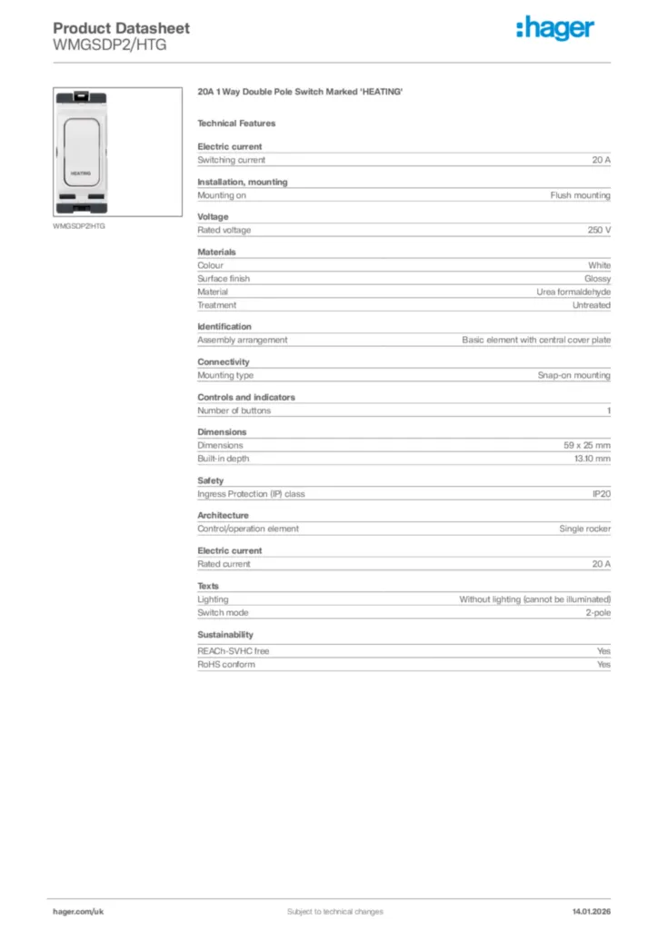 Image Hager Product data sheet WMGSDP2/HTG  | Hager