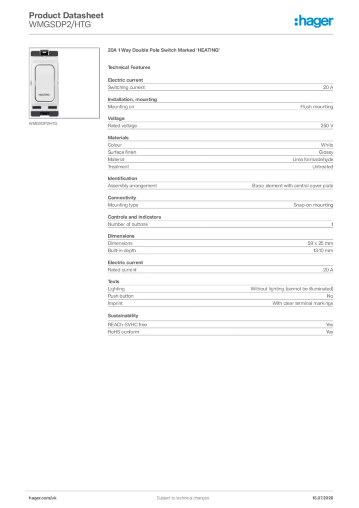 Image Hager Product data sheet WMGSDP2/HTG  | Hager