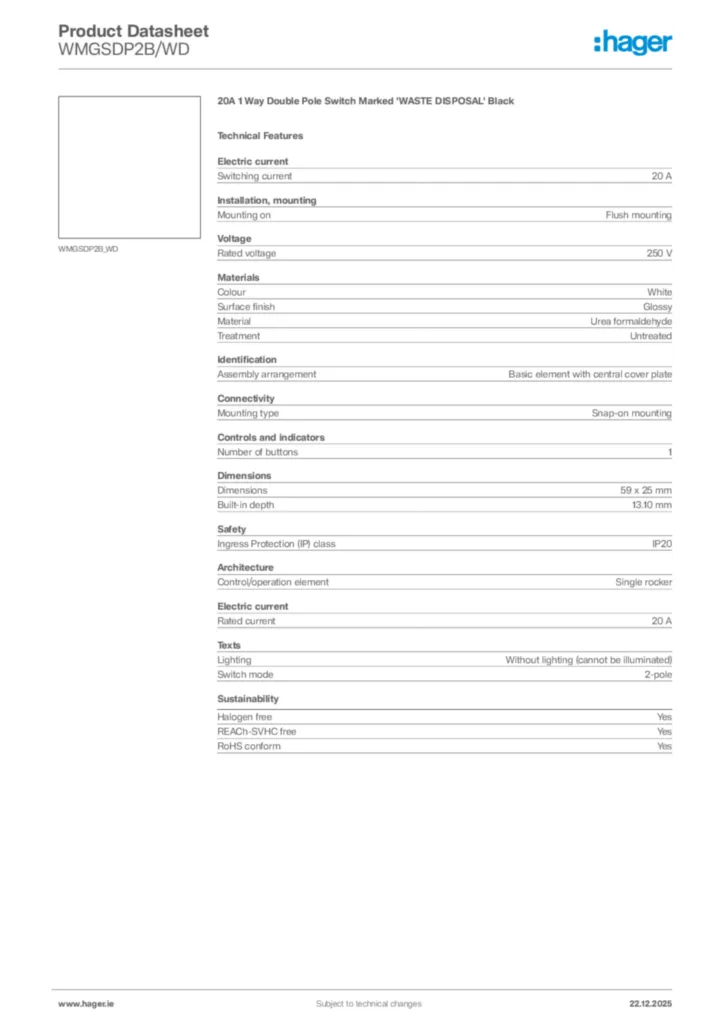 Image Hager Product data sheet WMGSDP2B/WD  | Hager