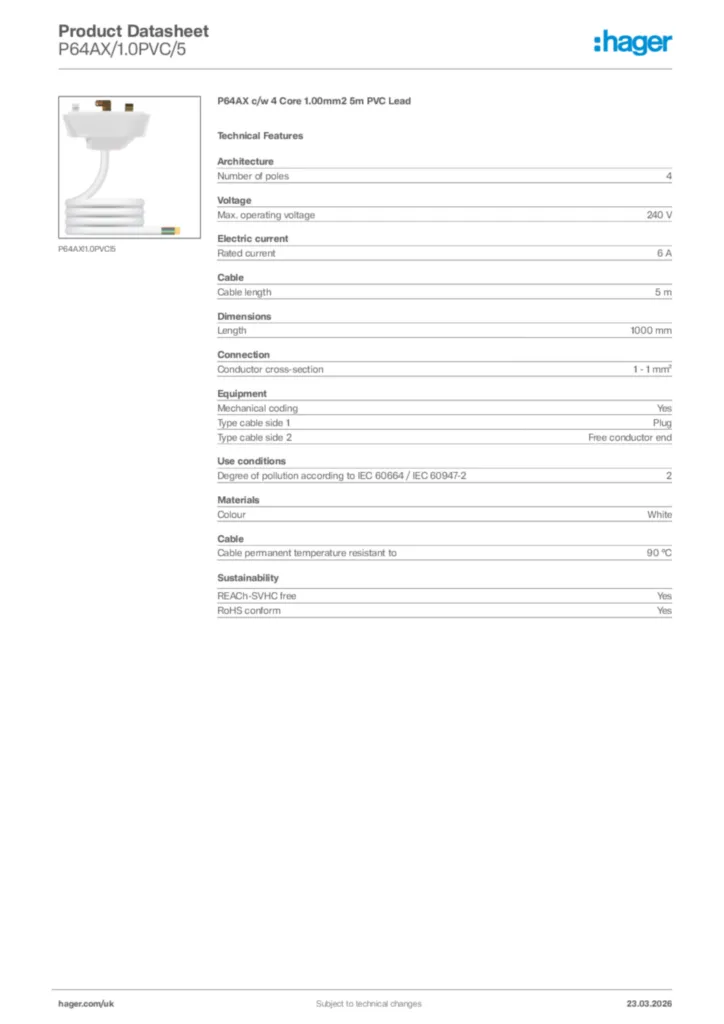 Image Hager Product data sheet P64AX/1.0PVC/5  | Hager