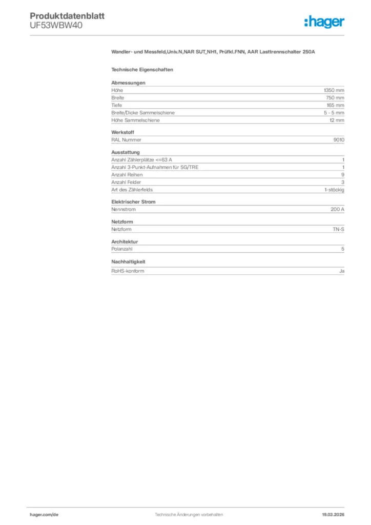 Bild Hager Produktdatenblatt UF53WBW40 | Hager Deutschland