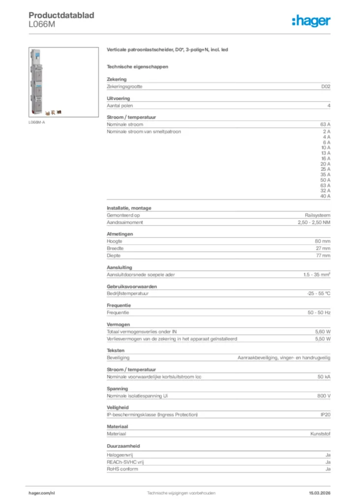 Afbeelding Hager Productdatablad L066M | Hager Nederland