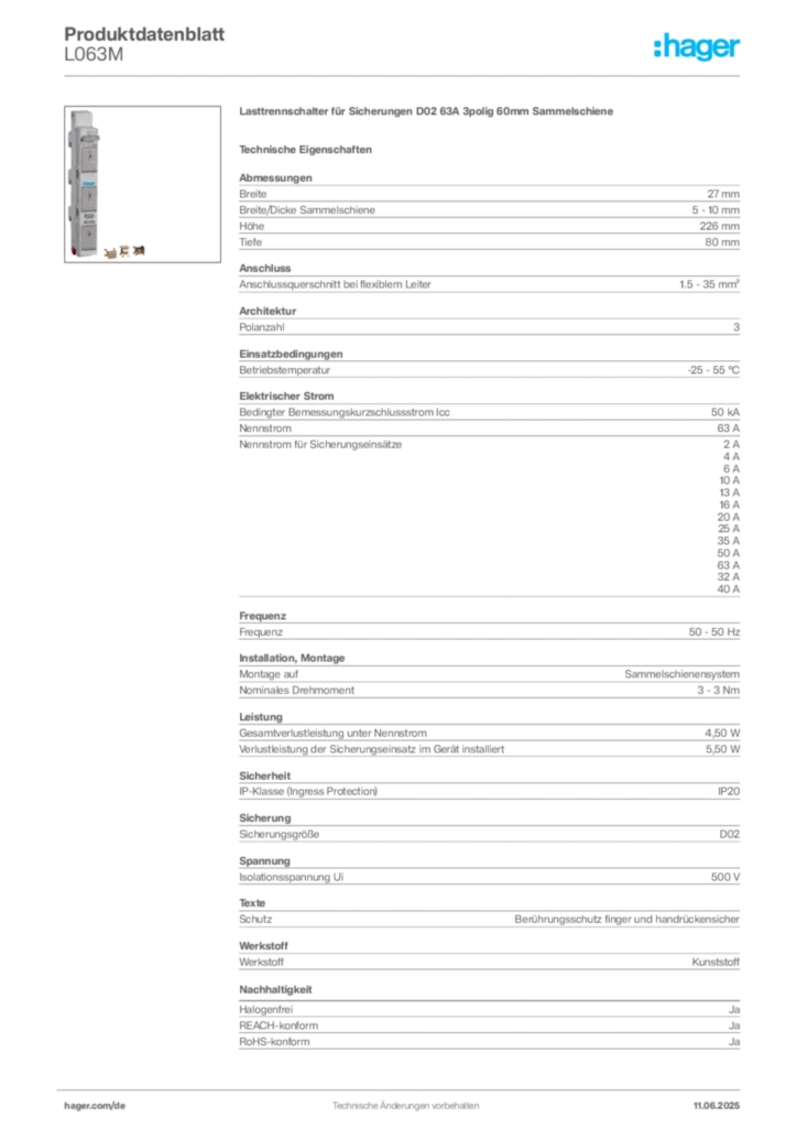 Bild Hager Produktdatenblatt L063M | Hager Deutschland