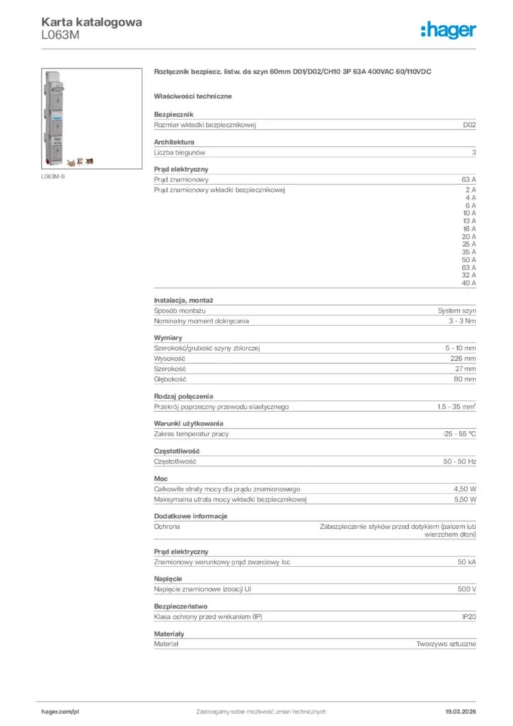 Zdjęcie Hager Karta katalogowa L063M | Hager Polska
