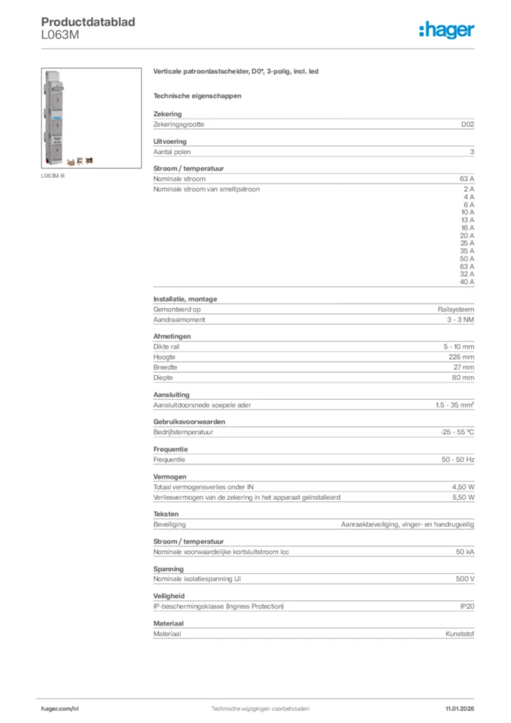 Afbeelding Hager Productdatablad L063M | Hager Nederland