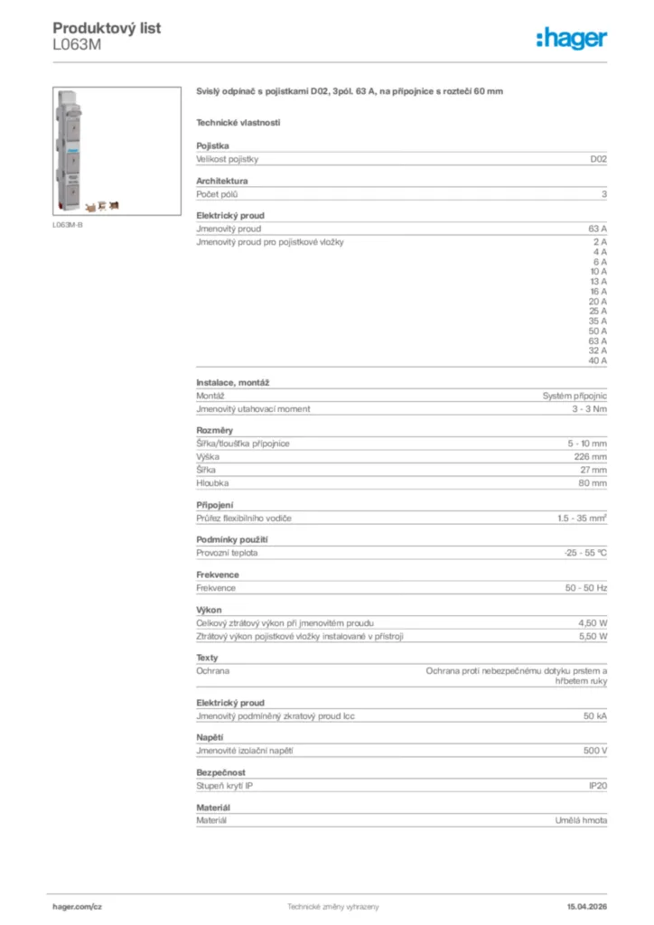 Obrázek Hager Product data sheet L063M | Hager