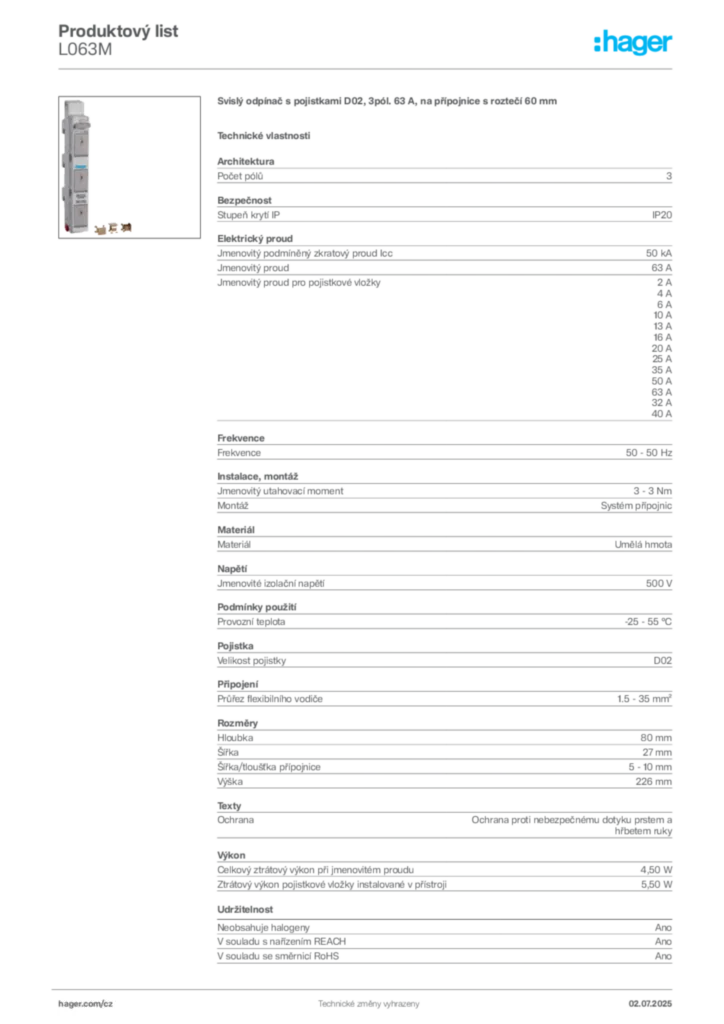 Obrázek Hager Produktový list L063M | Hager