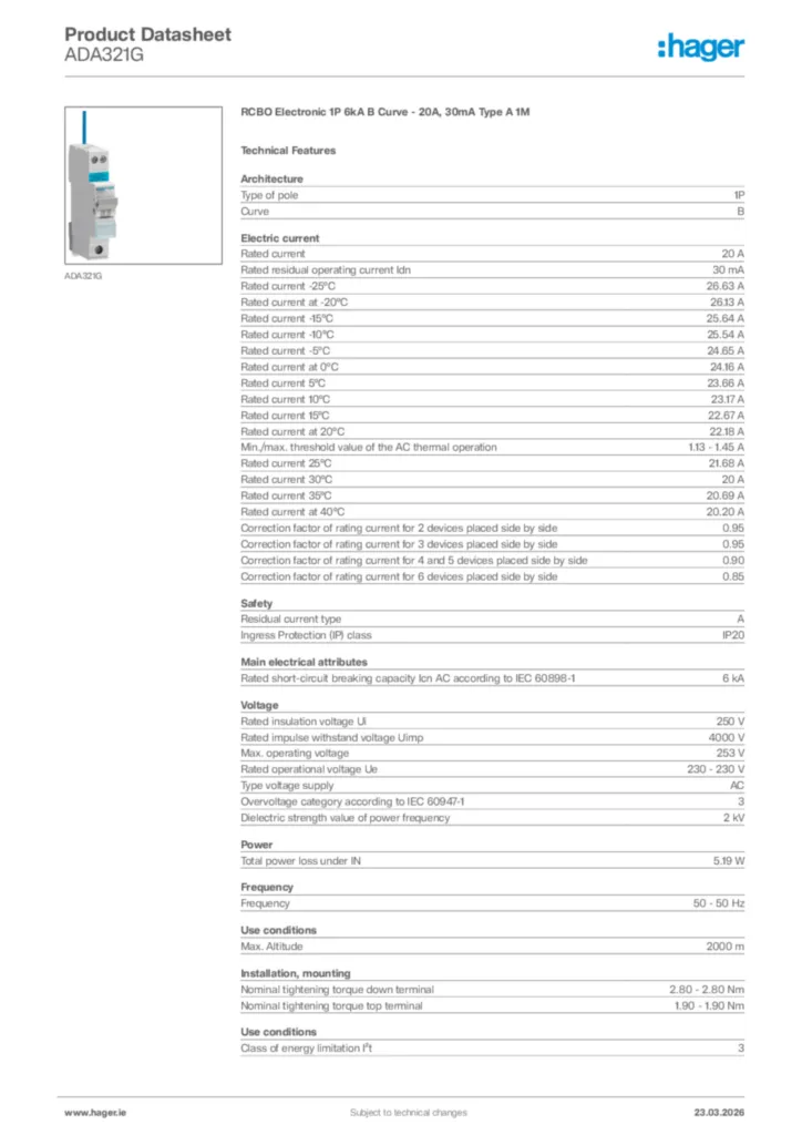 Image Hager Product data sheet ADA321G  | Hager